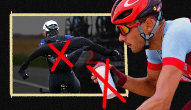 A rider in a rain jacket and a rider drinking a water bottle, both with crosses overlayed