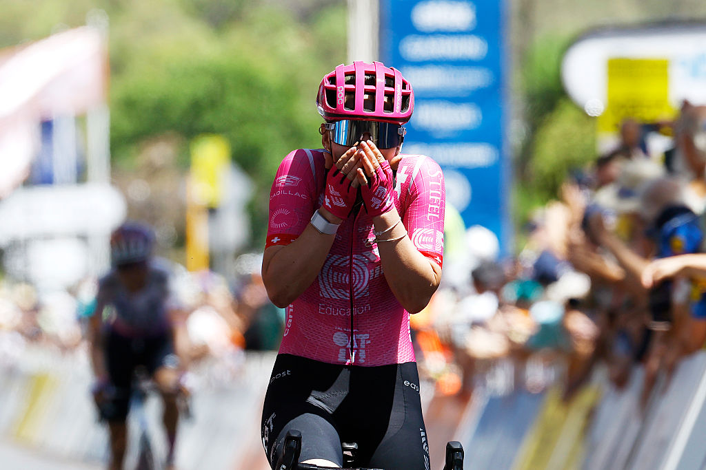 CAMPBELLTOWN, AUSTRALIA - JANUARY 19: Noemi Ruegg of Switzerland and Team EF Education-Oatly celebrates at finish line as stage winner during the 10th Santos Women&amp;apos;s Tour Down Under 2026, Stage 3 a 126.5km stage from Norwood to Campbelltown / #UCIWWT / on January 19, 2026 in Campbelltown, Australia. (Photo by Con Chronis/Getty Images)