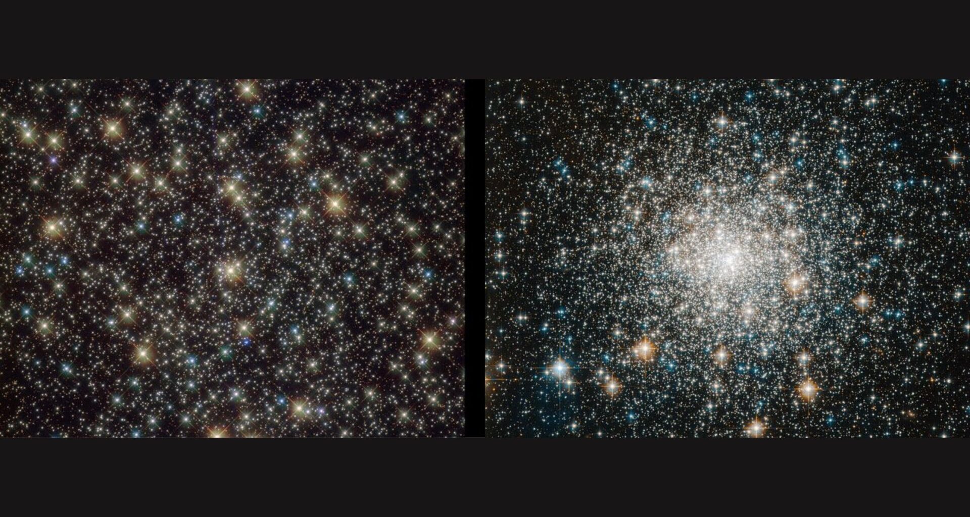 Two images of dense clusters of bright blue, white, and yellow stars in space.