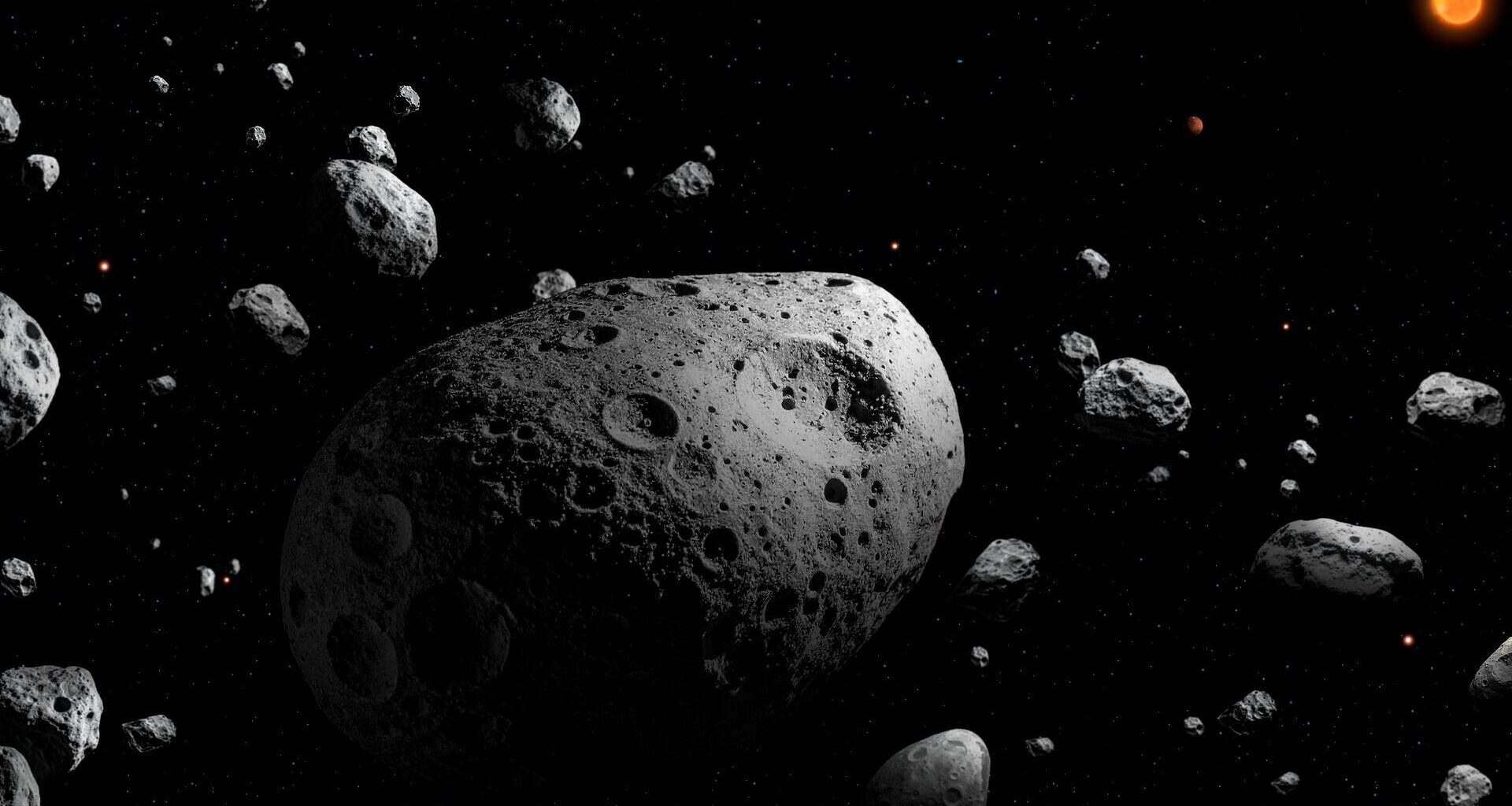 An illustration of a large round asteroid covered in craters surrounded by smaller asteroids with a orange glowing sun in the top left of the image.
