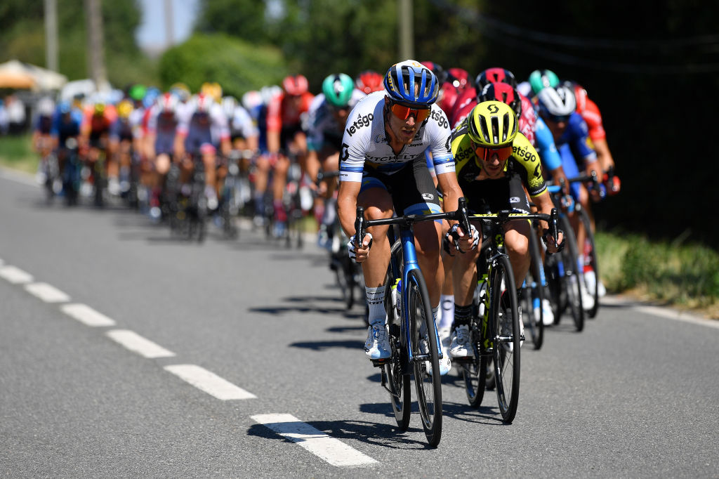 ALBI, FRANCE - JULY 15: Matteo Trentin of Italy and Team Mitchelton-Scott European Champion Jersey / Simon Yates of United Kingdom and Team Mitchelton-Scott / during the 106th Tour de France 2019, Stage 10 a 217,5km stage from Saint-Flour to Albi / TDF / #TDF2019 / @LeTour / on July 15, 2019 in Albi, France. (Photo by Justin Setterfield/Getty Images)