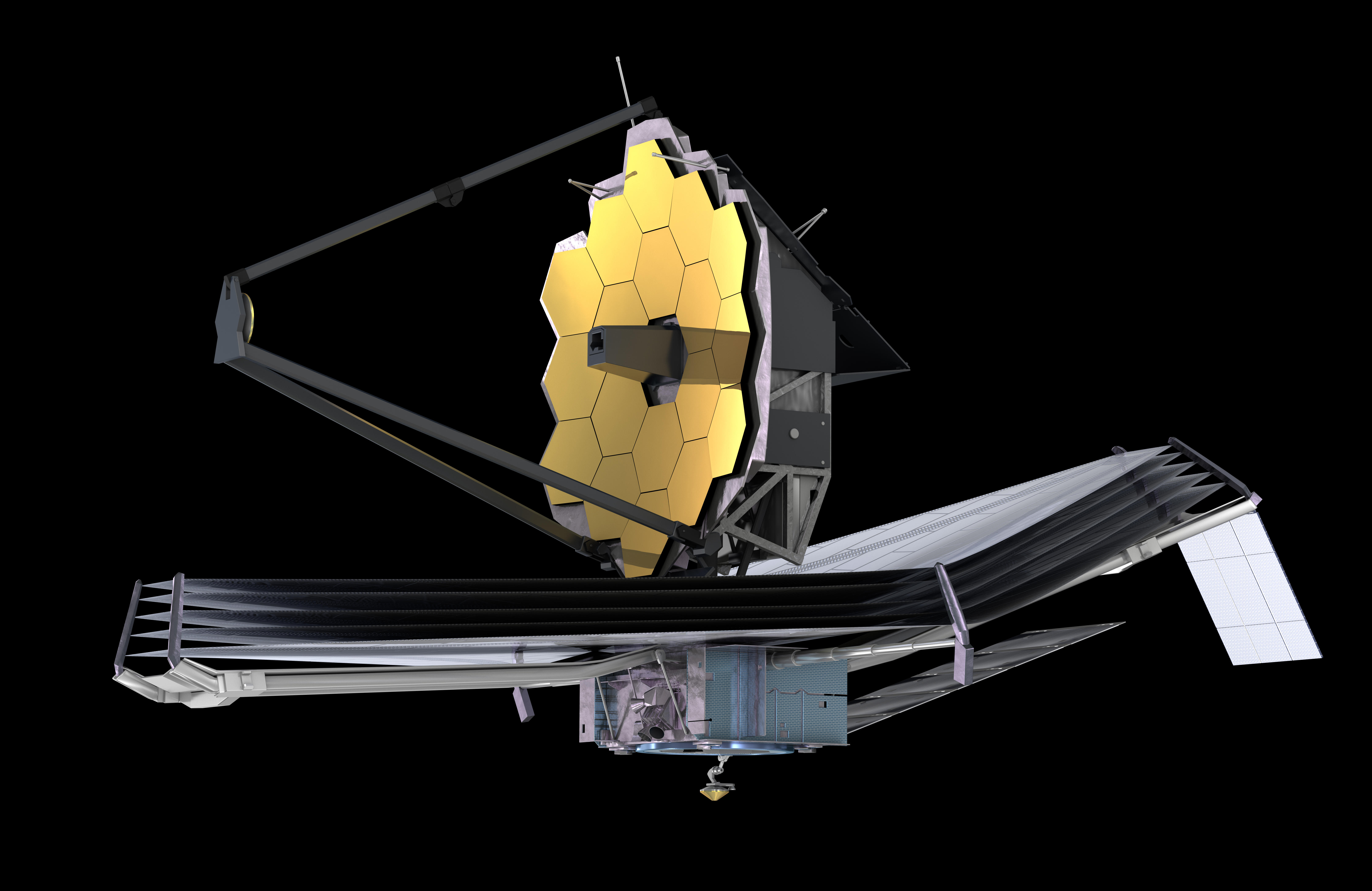 Illustration of the James Webb Space Telescope with a gold-colored primary mirror and a silver sunshield against a black background.
