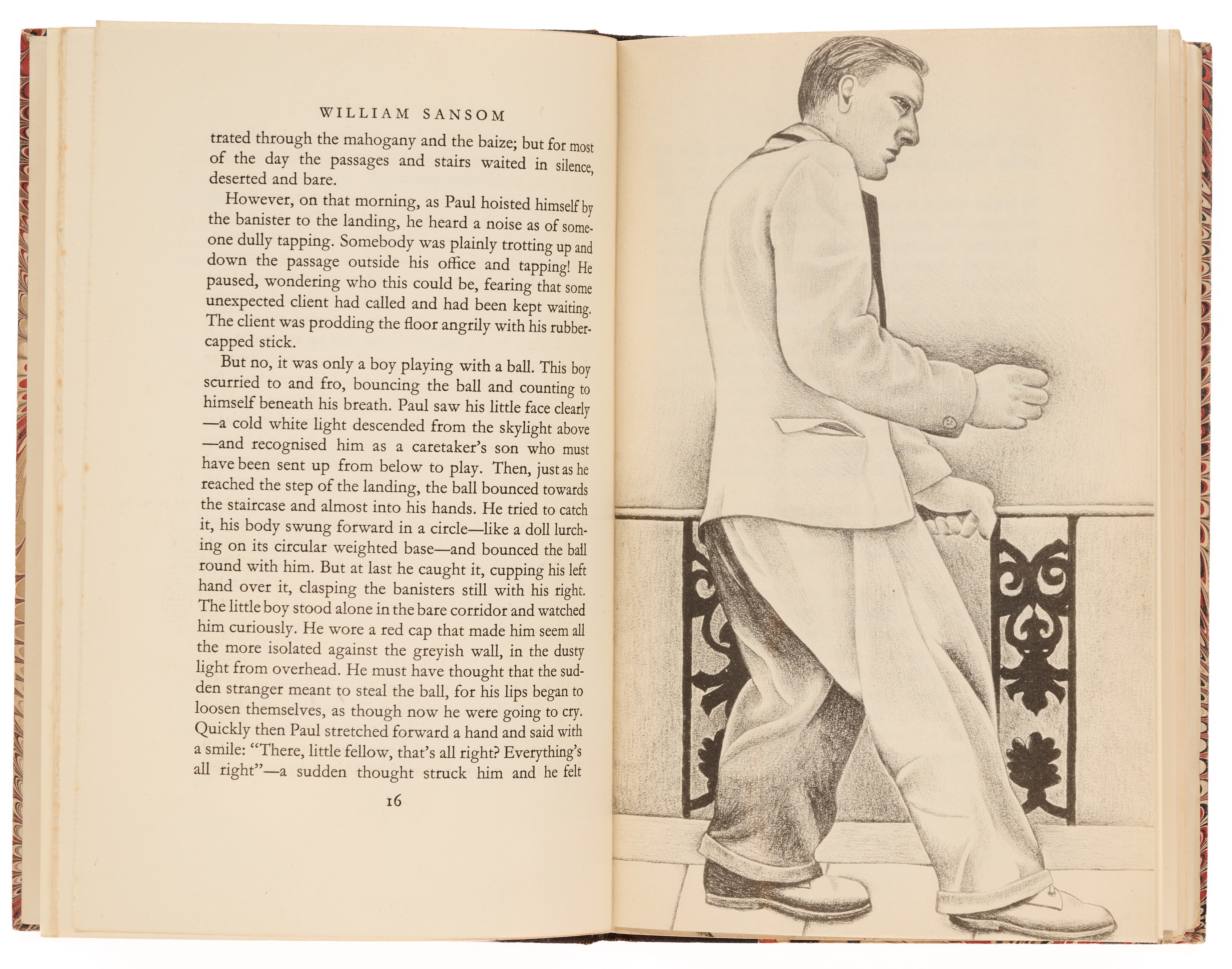Illustration of a man in a suit, looking to the right and holding onto a banister, from William Sansom's "The Equilibriad" with illustrations by Lucien Freud.