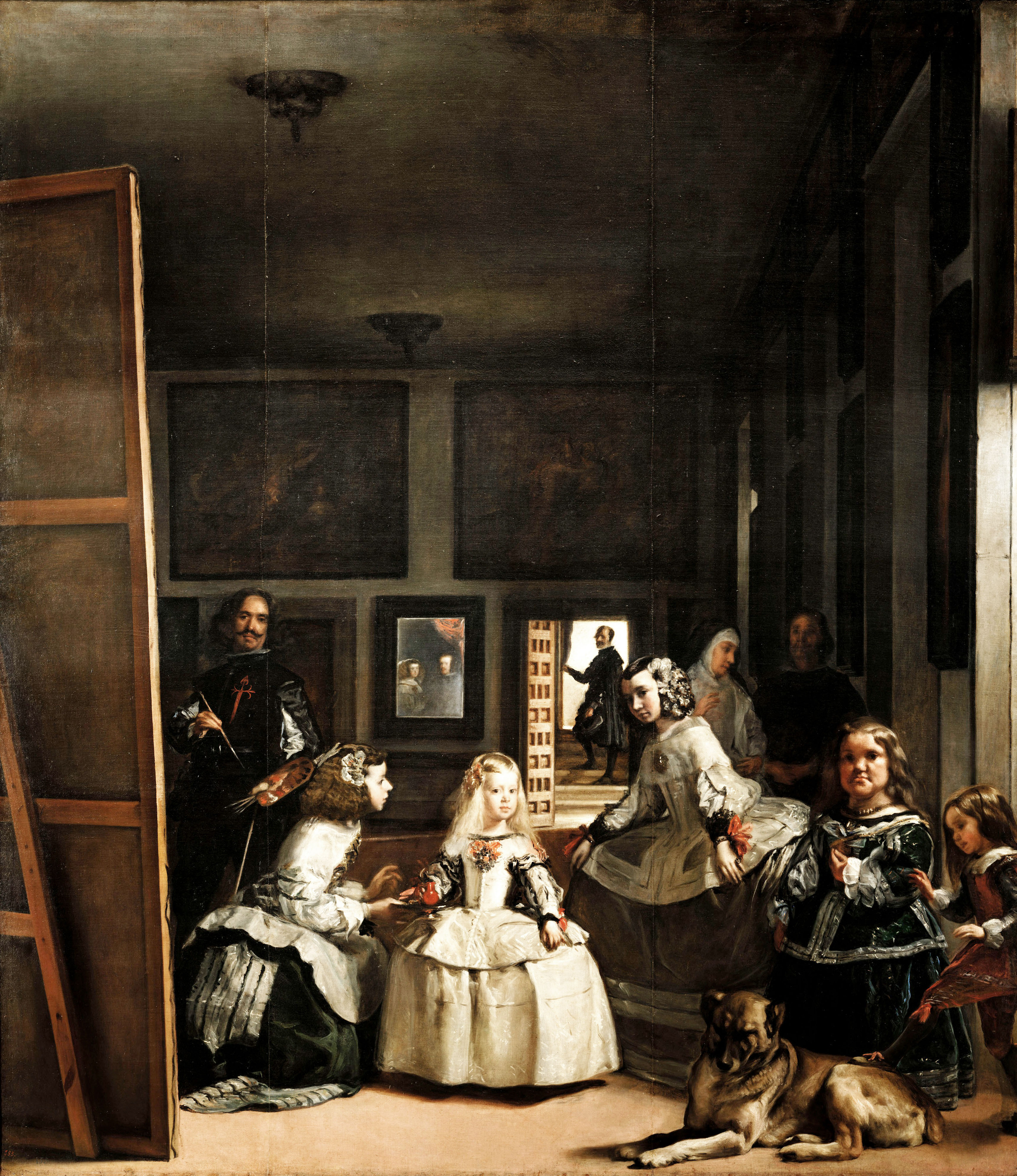 Las Meninas by Diego Velazquez, showing the Infanta Margarita Teresa surrounded by her entourage and Velazquez painting.
