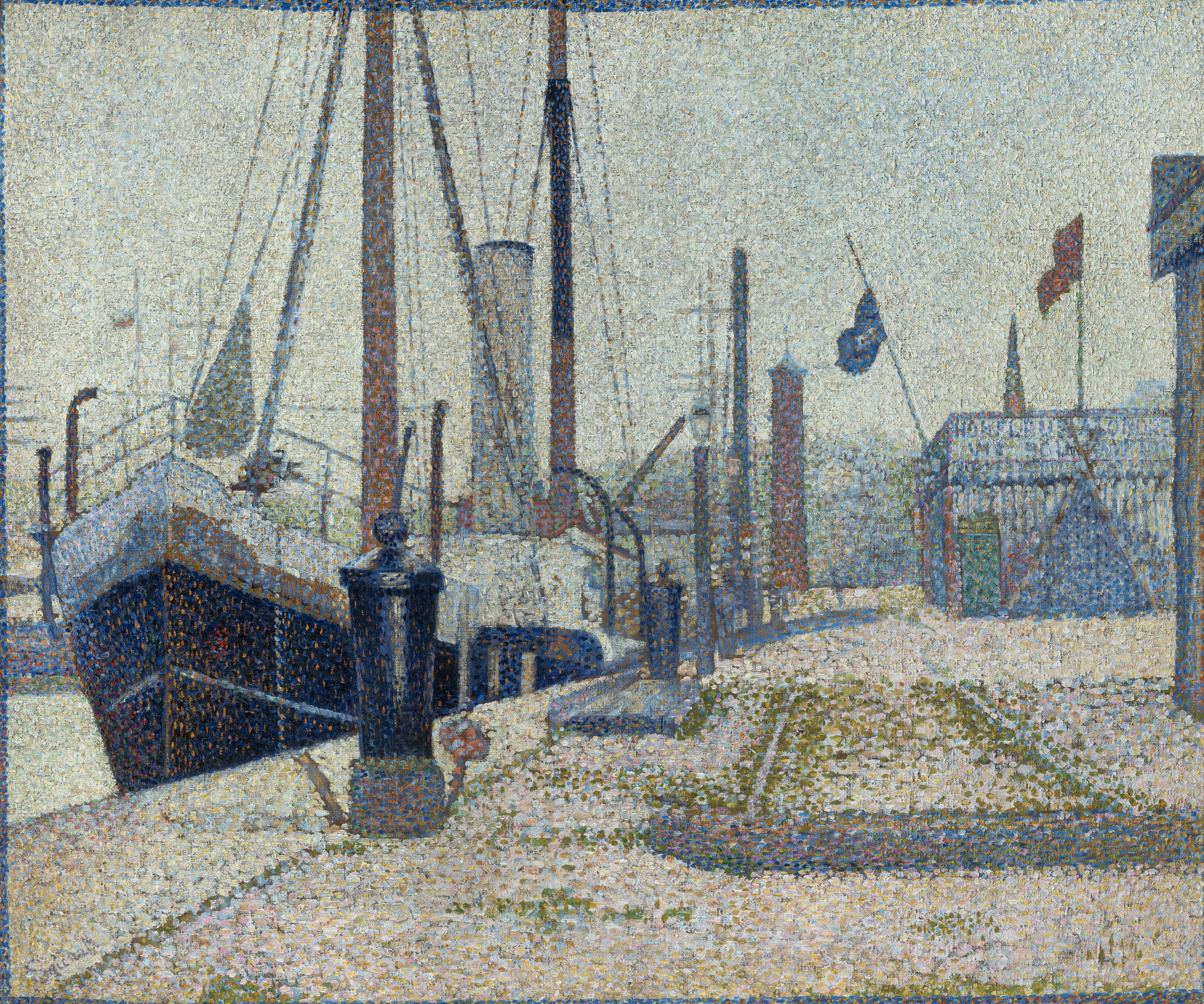 Illustration of "La Maria at Honfleur" by Seurat, a pointillist painting depicting a ship docked in a port with a building and flags in the background.