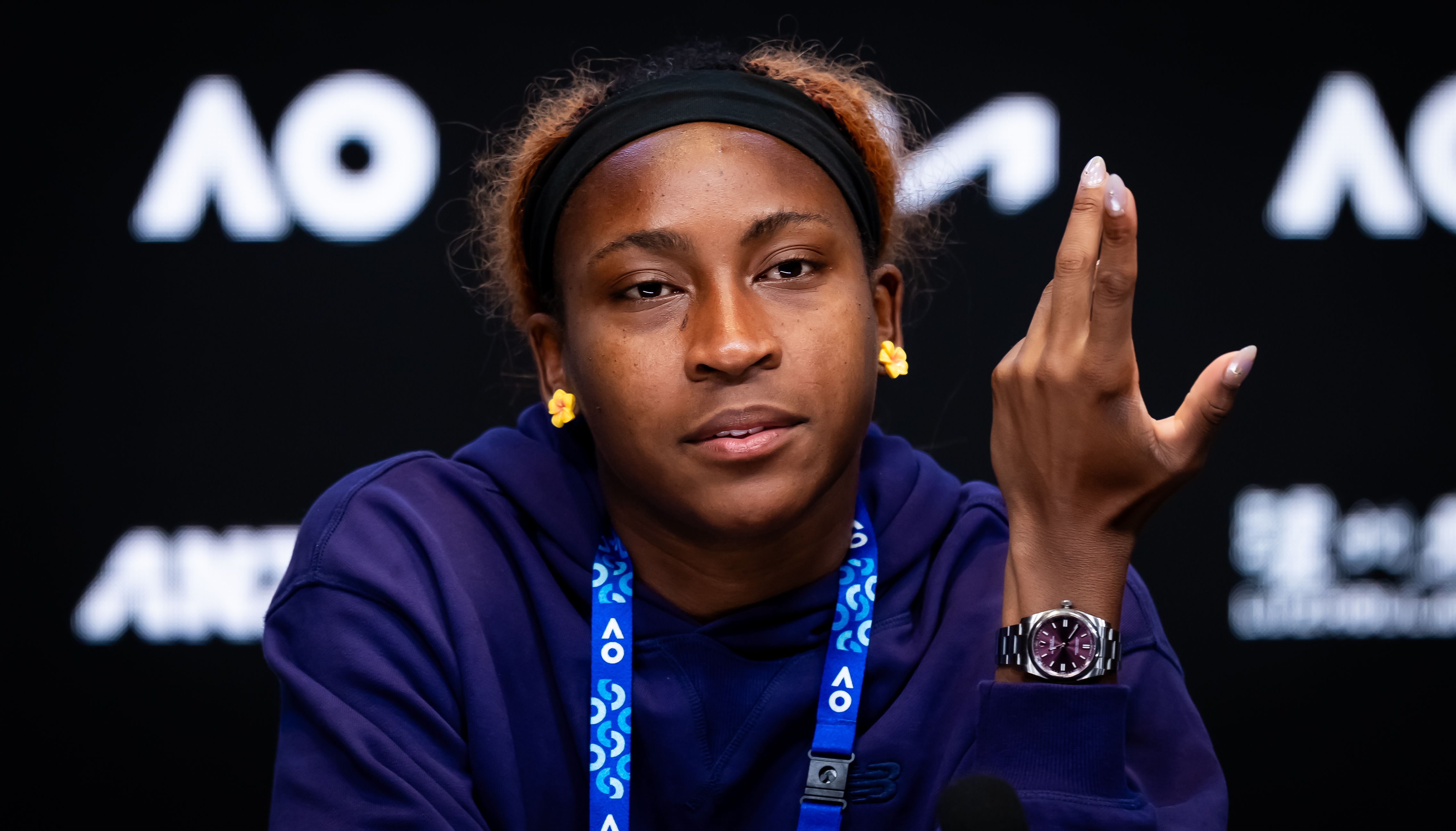 Coco Gauff of the United States talks to the media after losing in the quarter-final of the 2026 Australian Open.