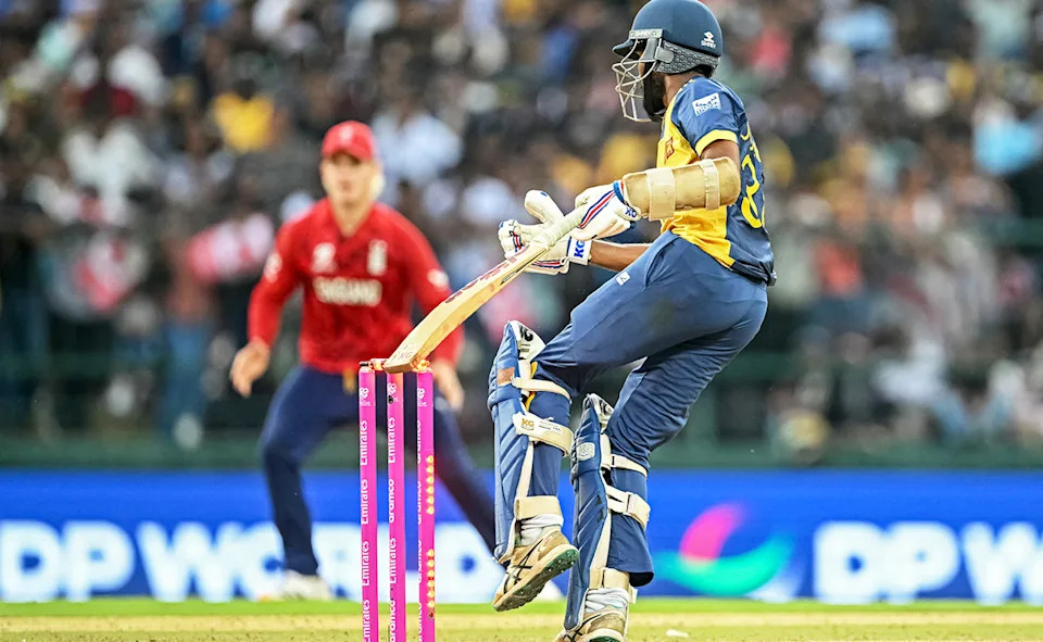 Dushan Hemantha in action for Sri Lanka against England.