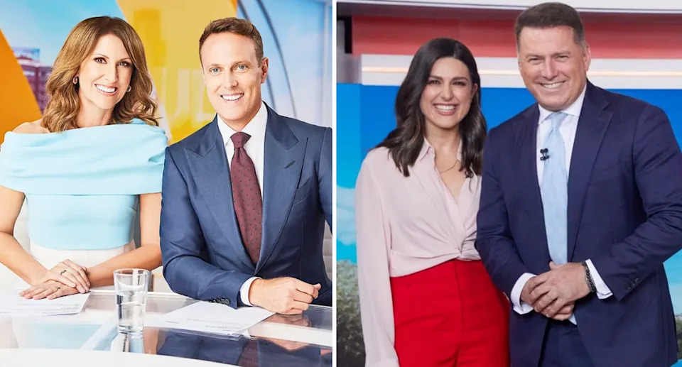 Sunrise's Natalie Barr and Matt Shirvington continue to outperform Karl Stefanovic and Sarah Abo in the ratings. Picture: Channel 7 and Channel 9