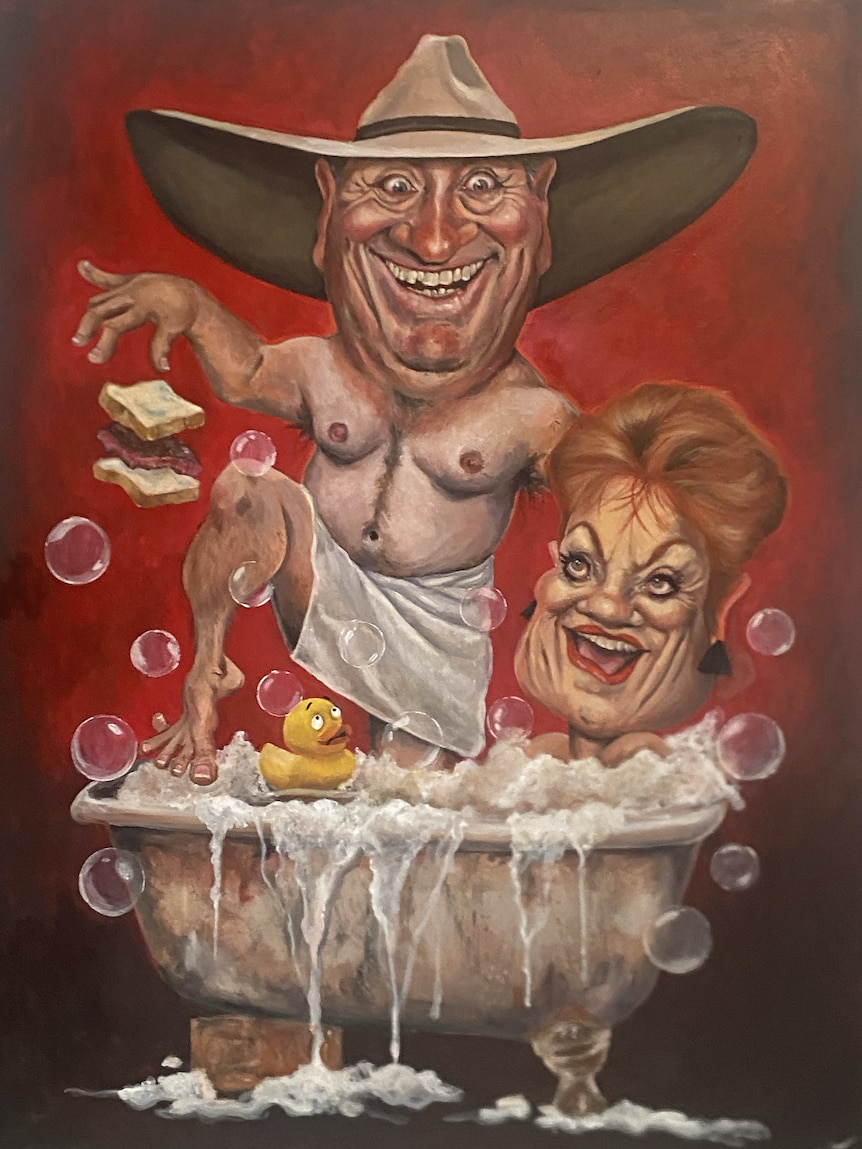 In the painting, One Nation politicians Barnaby Joyce and Pauline Hanson are in the bath together.