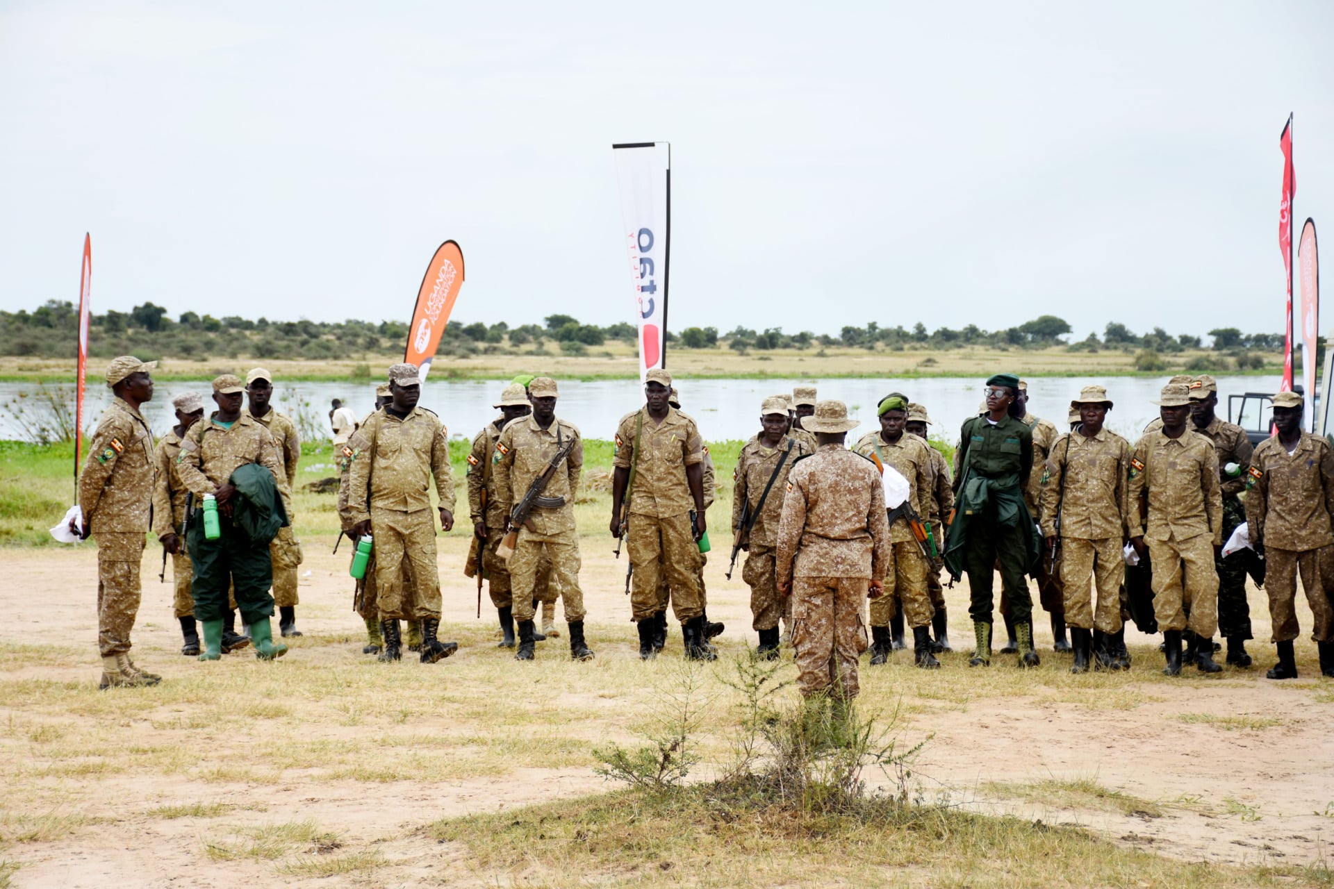 Park rangers at Murchison Falls National Park in Uganda assemble for a briefing