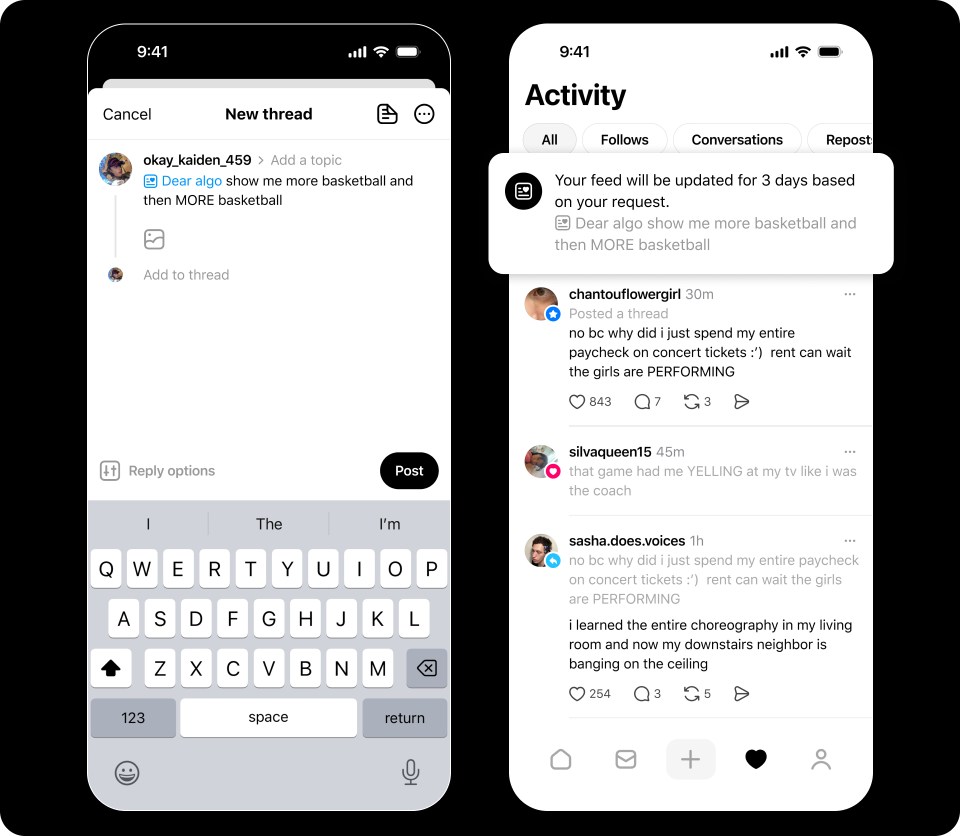 An image showing the user interface of the Dear Algo feature on Threads.