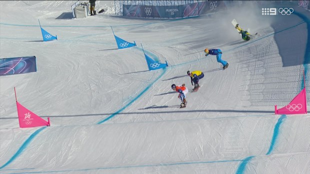 Adam Lambert clips the board of his rival and falls down in the mixed team final.