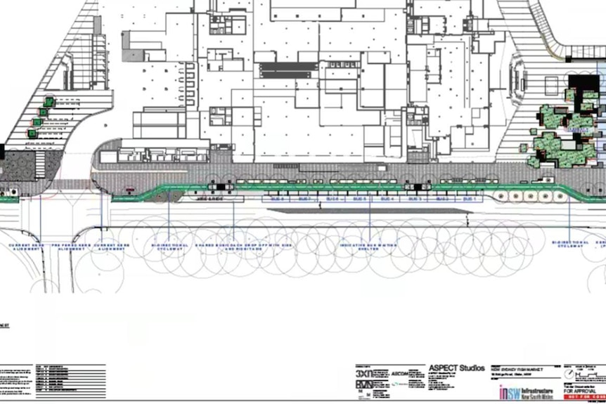 a top-down fish market showing a green seperated cycle path outdside