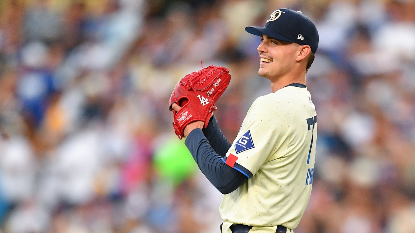 Aug 10, 2024; Los Angeles, California, USA;  Los Angeles Dodgers starting pitcher River Ryan (77) pitches during the third inning against the Pittsburgh Pirates at Dodger Stadium. Mandatory Credit: Kiyoshi Mio-Imagn Images