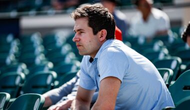 Detroit Tigers president of baseball operations Scott Harris watches live batting practice during spring training at TigerTown in Lakeland, Fla. on Friday, Feb. 23, 2024.