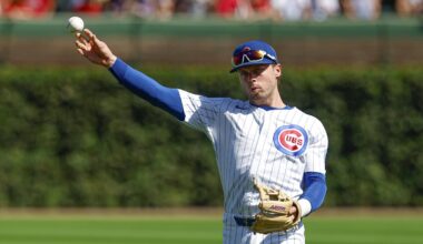 Sep 27, 2025; Chicago, Illinois, USA; Chicago Cubs second baseman Nico Hoerner (2) warms up before a baseball game against the St. Louis Cardinals at Wrigley Field. Mandatory Credit: Kamil Krzaczynski-Imagn Images