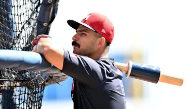 Mar 4, 2025; North Port, Florida, USA; Minnesota Twins second baseman Mickey Gasper (11)  prepares to take batting practice  before the start of the spring training game against the Atlanta Braves  at CoolToday Park. Mandatory Credit: Jonathan Dyer-Imagn Images