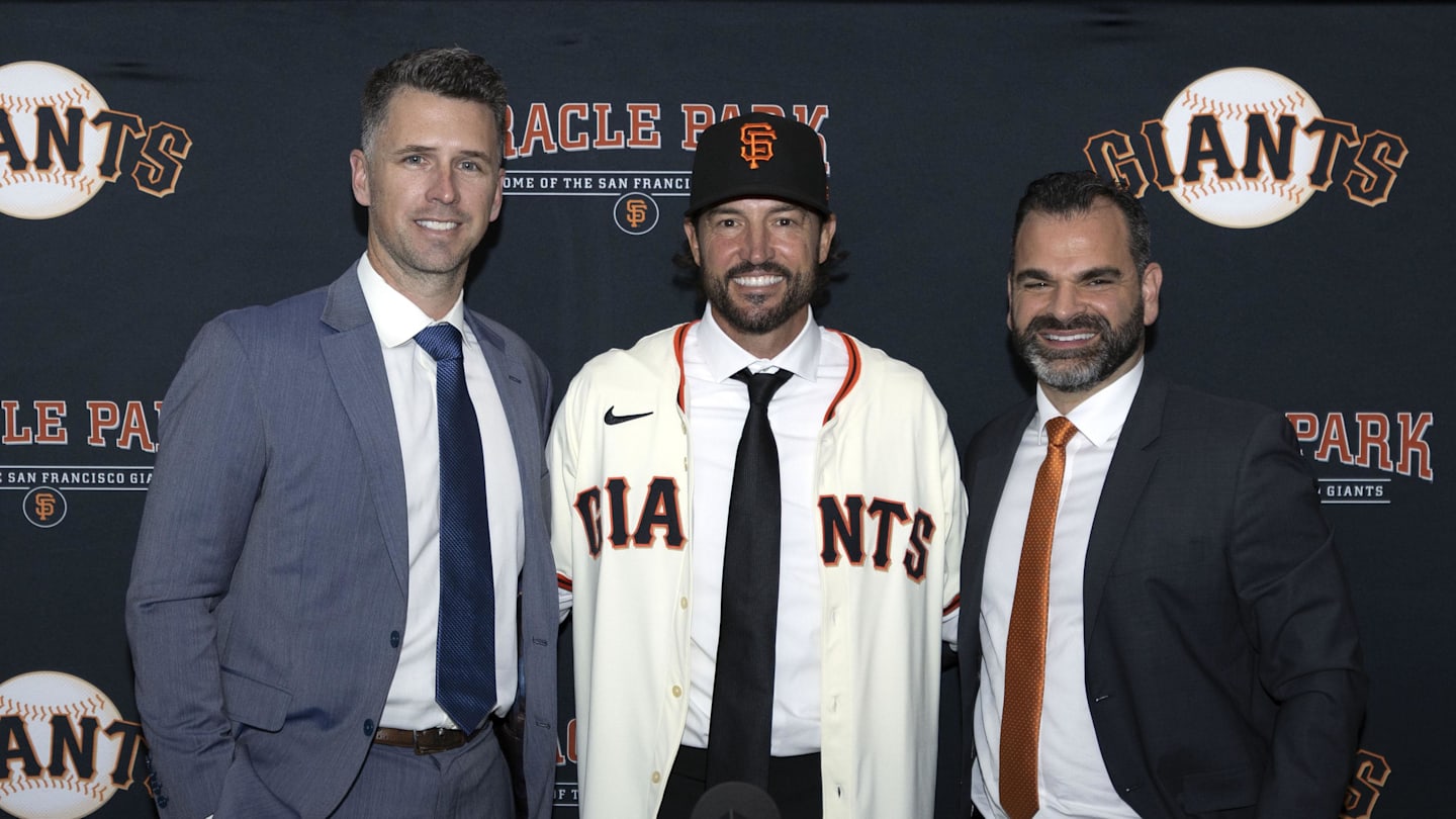Oct 30, 2025; San Francisco, CA, USA;  Tony Vitello (center) is introduced as the new manager of the San Francisco Giants by president of baseball operations Buster Posey (left) and general manager Zack Minasian at Oracle Park. Mandatory Credit: D. Ross Cameron-Imagn Images