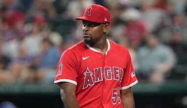 Aug 25, 2025; Arlington, Texas, USA; Los Angeles Angels starting pitcher Jose Soriano (59) leaves the game during the sixth inning against the Texas Rangers at Globe Life Field. Mandatory Credit: Jim Cowsert-Imagn Images