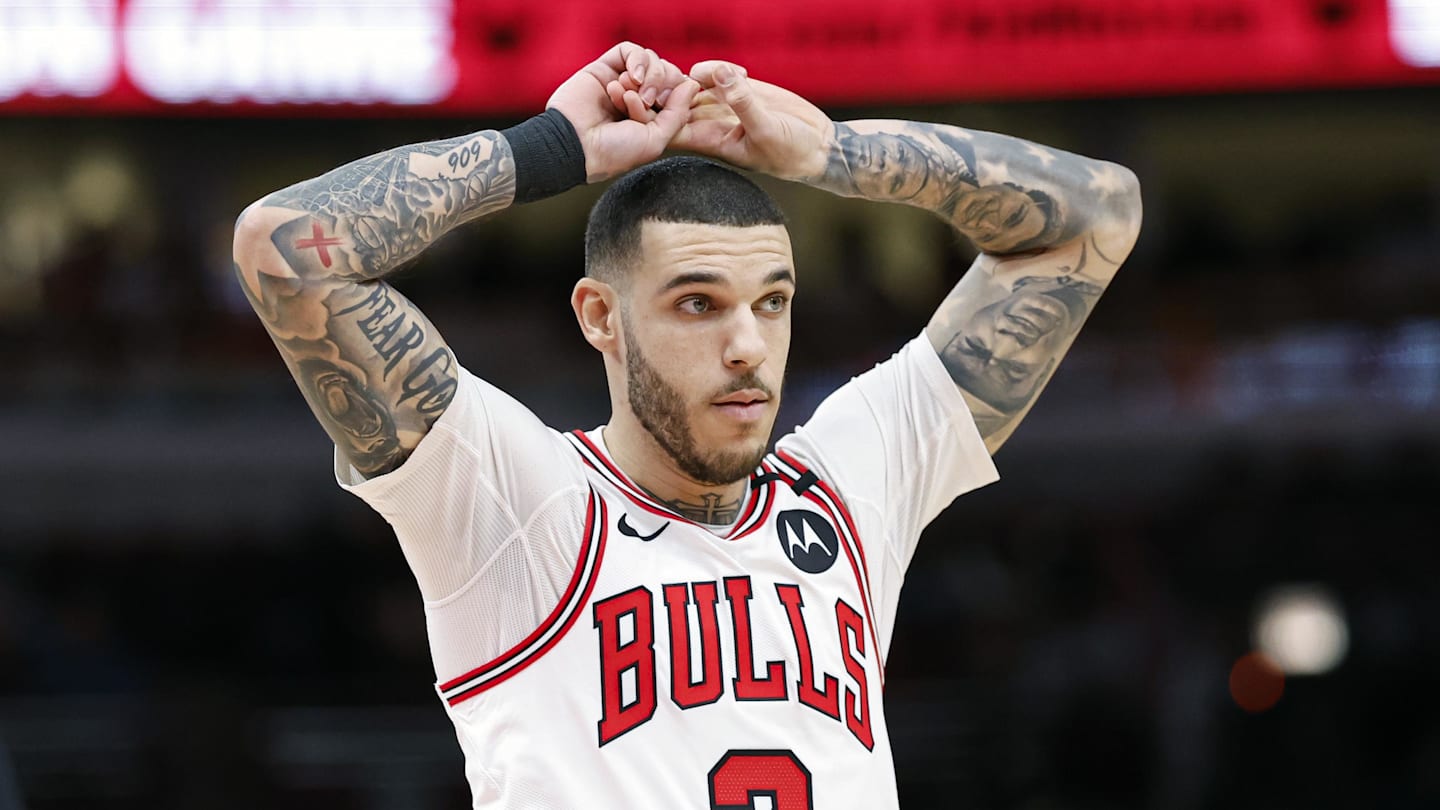 Dec 8, 2024; Chicago, Illinois, USA; Chicago Bulls guard Lonzo Ball (2) reacts during the second half of a basketball game against the Philadelphia 76ers at United Center. Mandatory Credit: Kamil Krzaczynski-Imagn Images