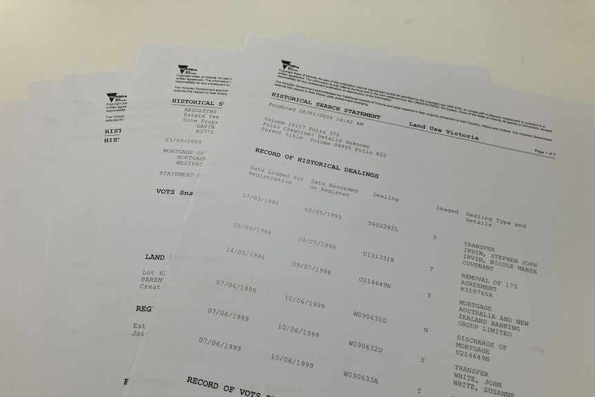 Photograph of a title history report from Victoria.