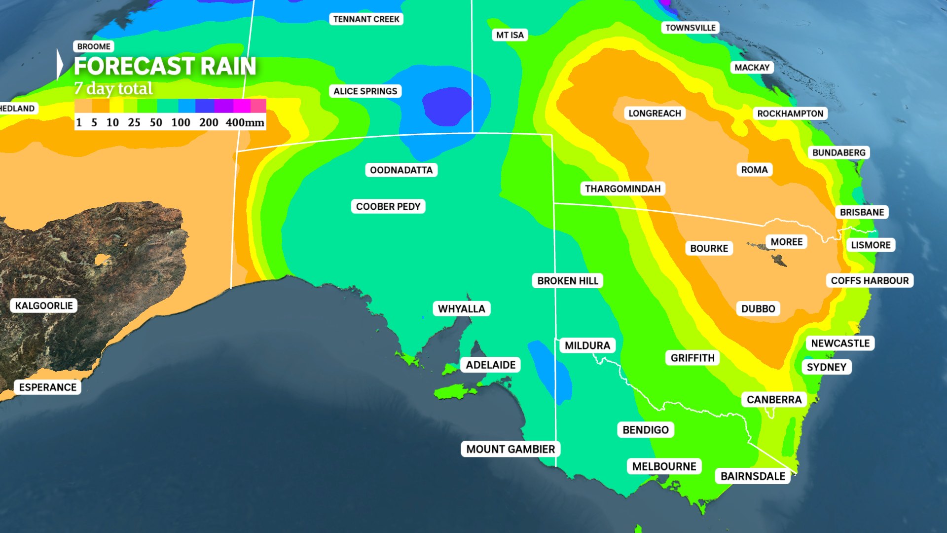 a weather map shows widespread totals of 50 to 100mm will drench southern states