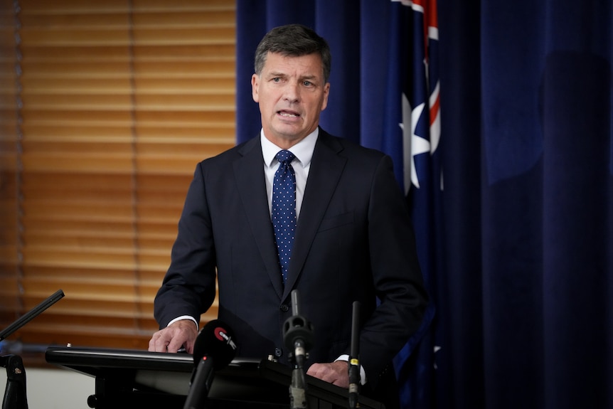 Angus Taylor speaks at a press conference.