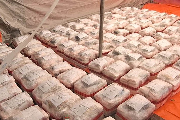 Bags of cocaine lined up in rows.