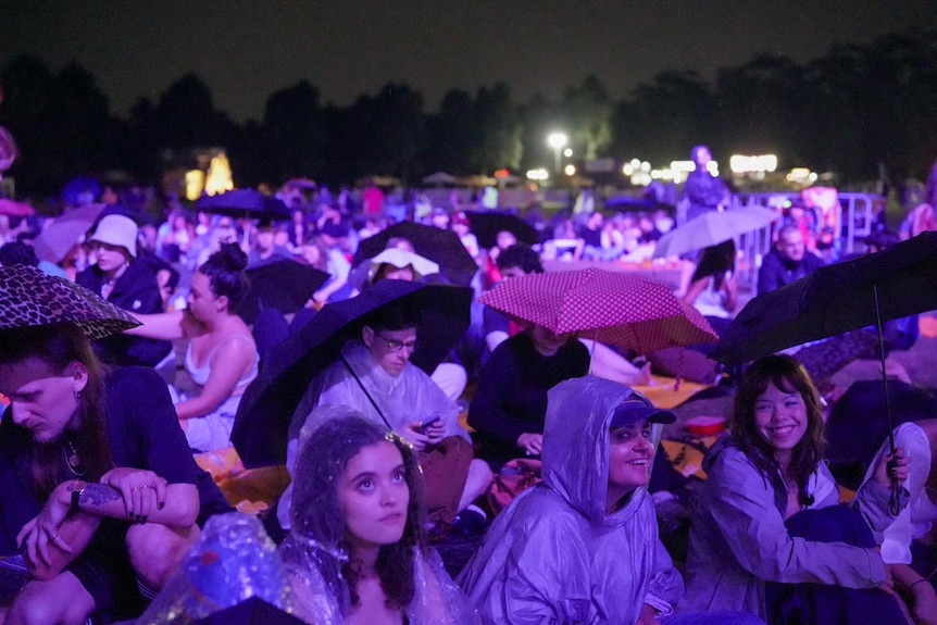 People wearing ponchos and umbrellas at an outdoor film festival.