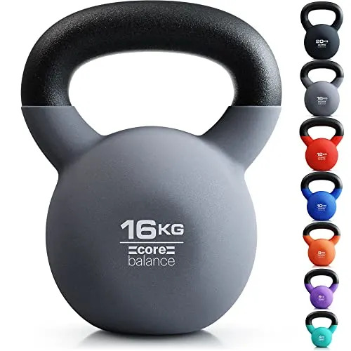 Core Balance 16kg Kettlebell Weight Cast Iron Neoprene Coated Heavy Duty Strength Training (grey)