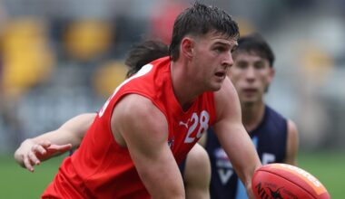 MELBOURNE, AUSTRALIA - APRIL 26: Zac Harding of the Young Guns handpasses the ball during the Young Guns 2025 series match between the Young Guns and the Victoria Metro U18 Boys at Melbourne Avalon Airport Oval on April 26, 2025 in Melbourne, Australia. (Photo by Rob Lawson/AFL Photos)
