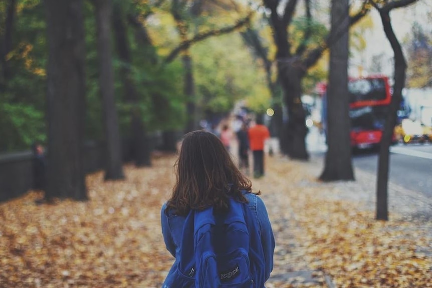 Girl walking to school in tree-lined street wearing a backpack