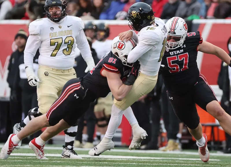 Utah Utes defensive end Connor O'Toole (81) and Utah Utes defensive tackle Keanu Tanuvasa (57) hurry Colorado Buffaloes quarterback Ryan Staub (16) in Salt Lake City on Saturday, Nov. 25, 2023. Utah won 23-17. | Jeffrey D. Allred, Deseret News