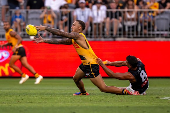 AFL players bought into the State of Origin game. Shae Bolton, one of WA’s best, tackled here by Victoria’s Nick Daicos 