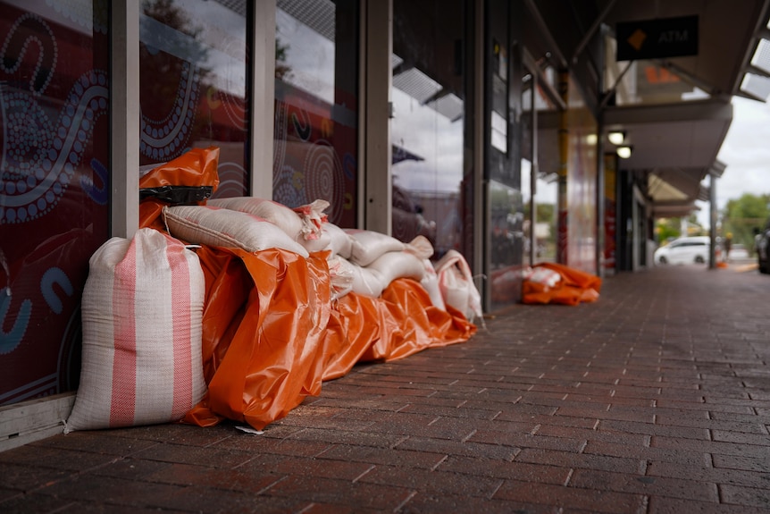 Sandbags stand ready to protect buildings from flooding