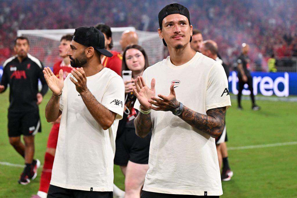 Mohamed Salah and Darwin Nunez of Liverpool acknowledge the fans after the teams defeat in the Pre-Season Friendly between Liverpool FC and AC Milan at Kai Tak Sports Park on July 26, 2025 in Hong Kong, China