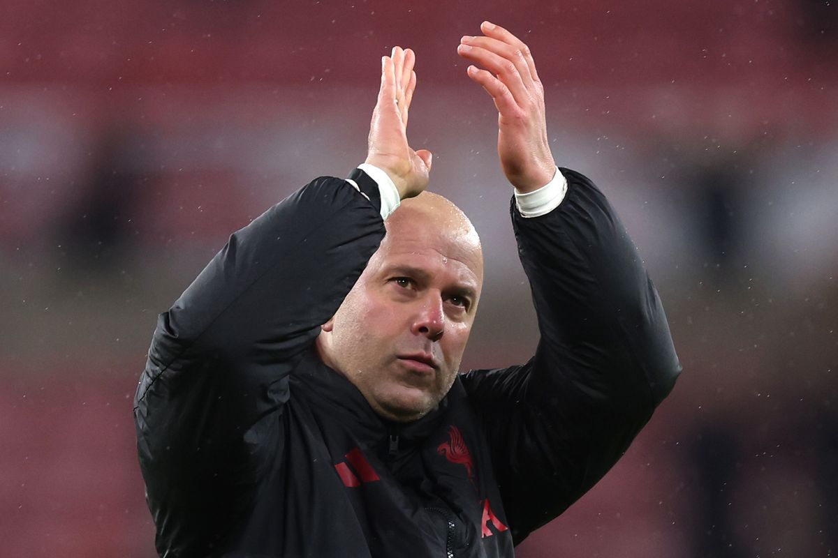 SUNDERLAND, ENGLAND - FEBRUARY 11: Arne Slot, Manager of Liverpool, acknowledges the fans after the Premier League match between Sunderland and Liverpool at Stadium of Light on February 11, 2026 in Sunderland, England. (Photo by George Wood/Getty Images)