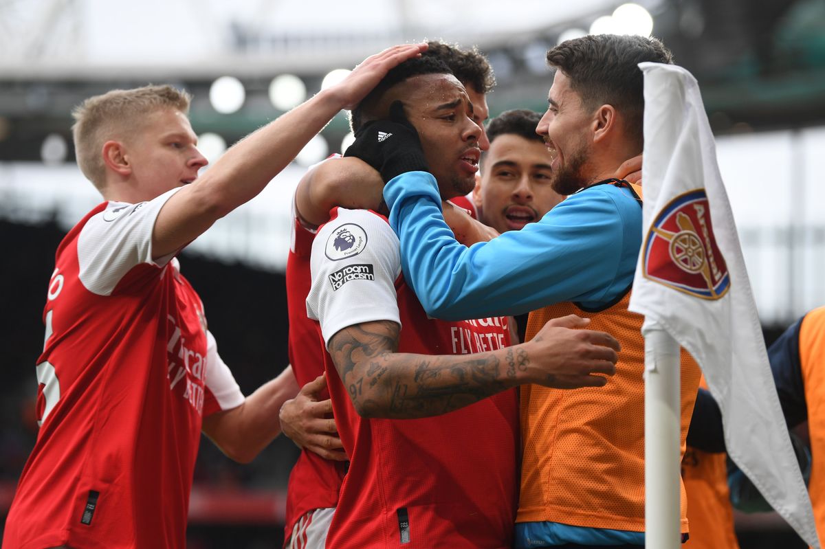 Gabriel Jesus celebrates scoring for Arsenal.