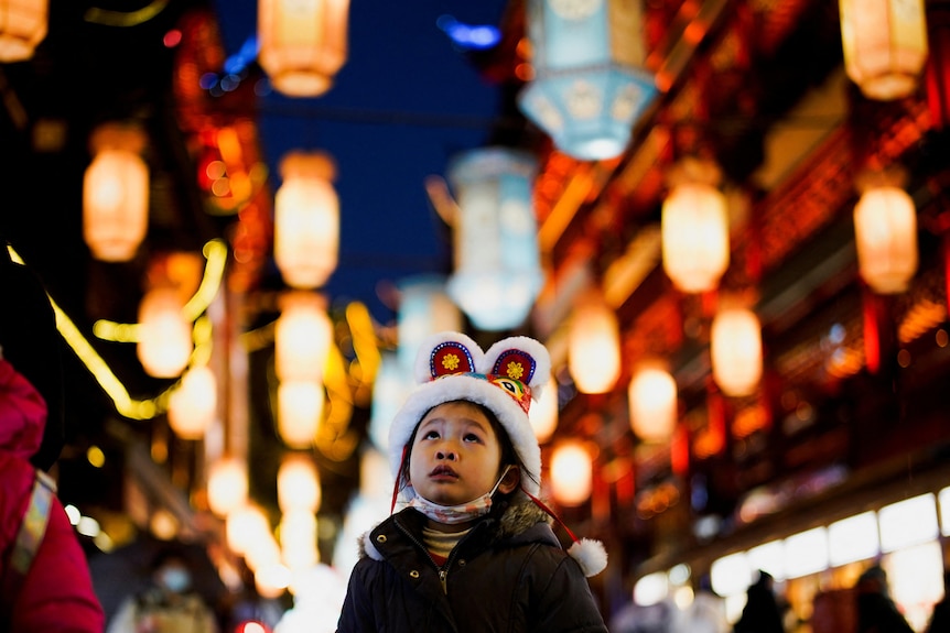 A girl wearing a lion hat looks up at glowing red lanterns strung above her