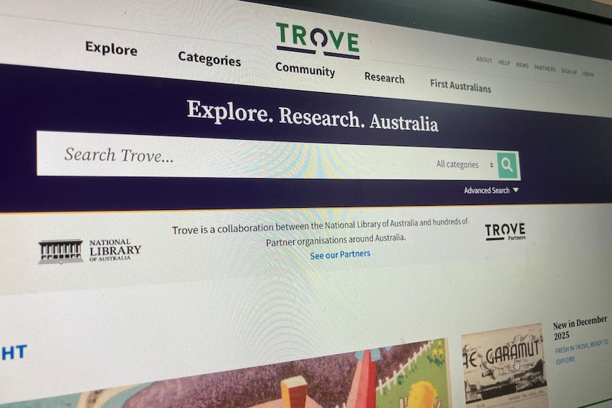 Photo of a computer screen displaying the Trove home page.