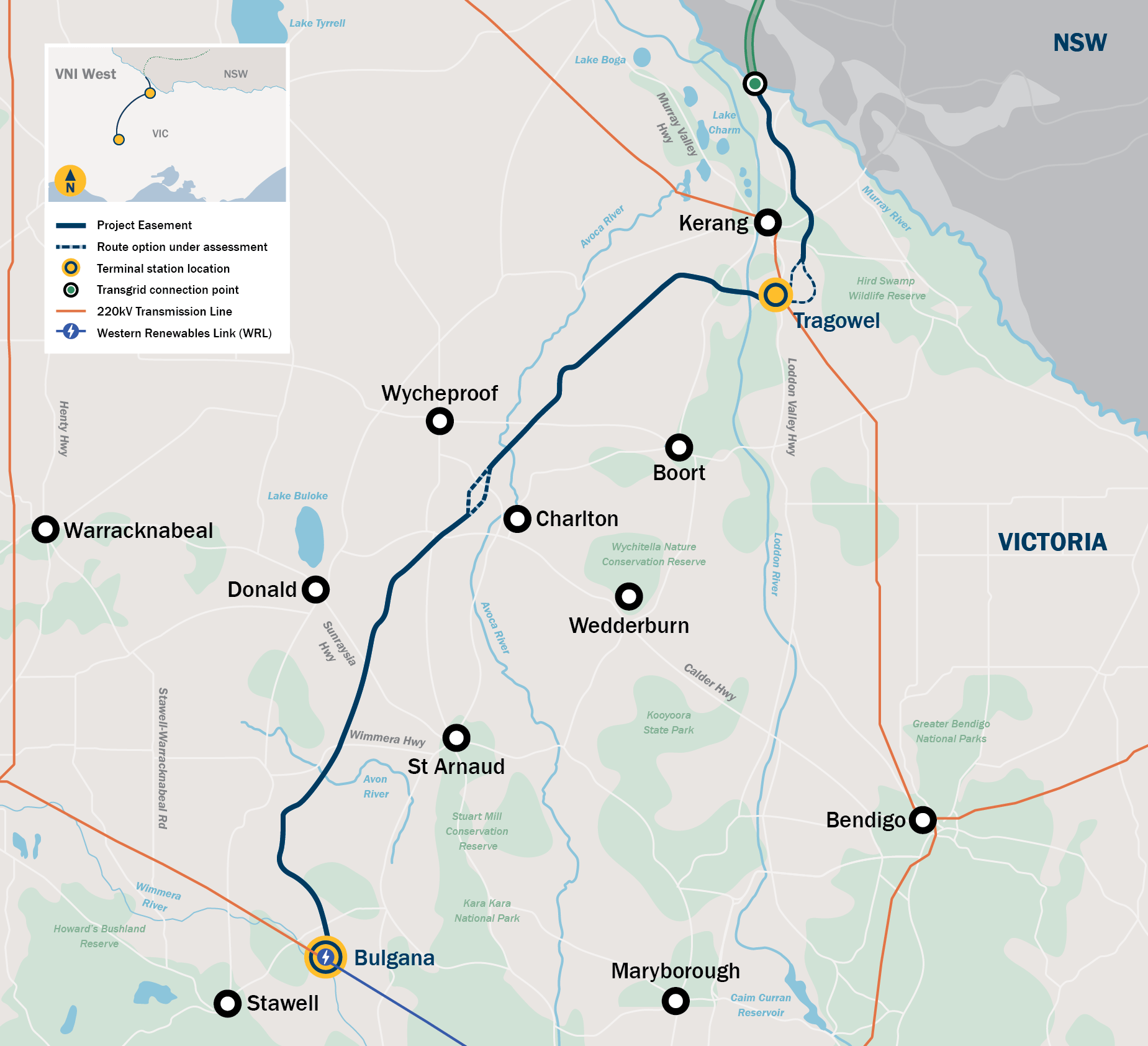 A map showing the route of a transmission line through Victoria and New South Wales