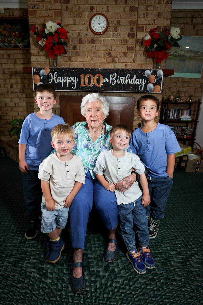 Elsie Cotton pictured with her great-grandchildren Kayden Craen, 6, Asher Craen, 2, Flynn Craen, 3, and Noah Craen, 4, during her 100th birthday celebrations.