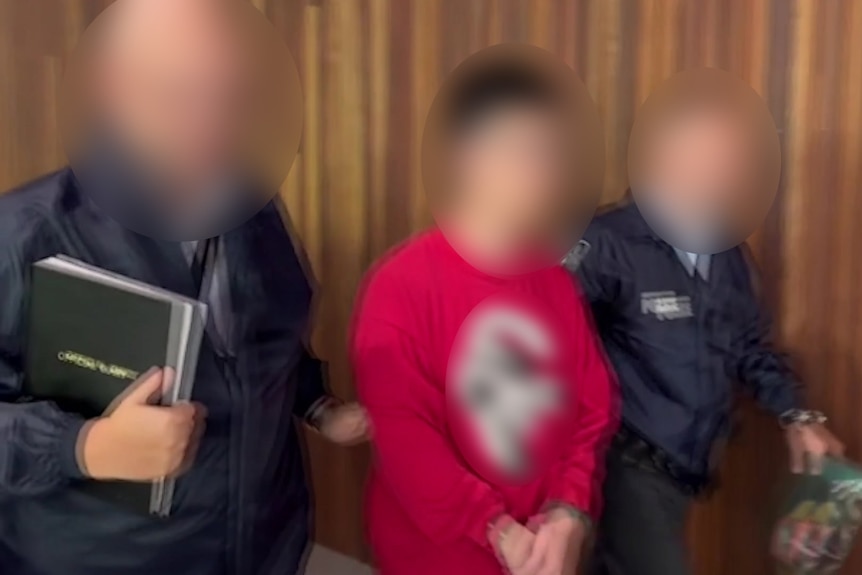 A man being arrested, all faces are blurred.