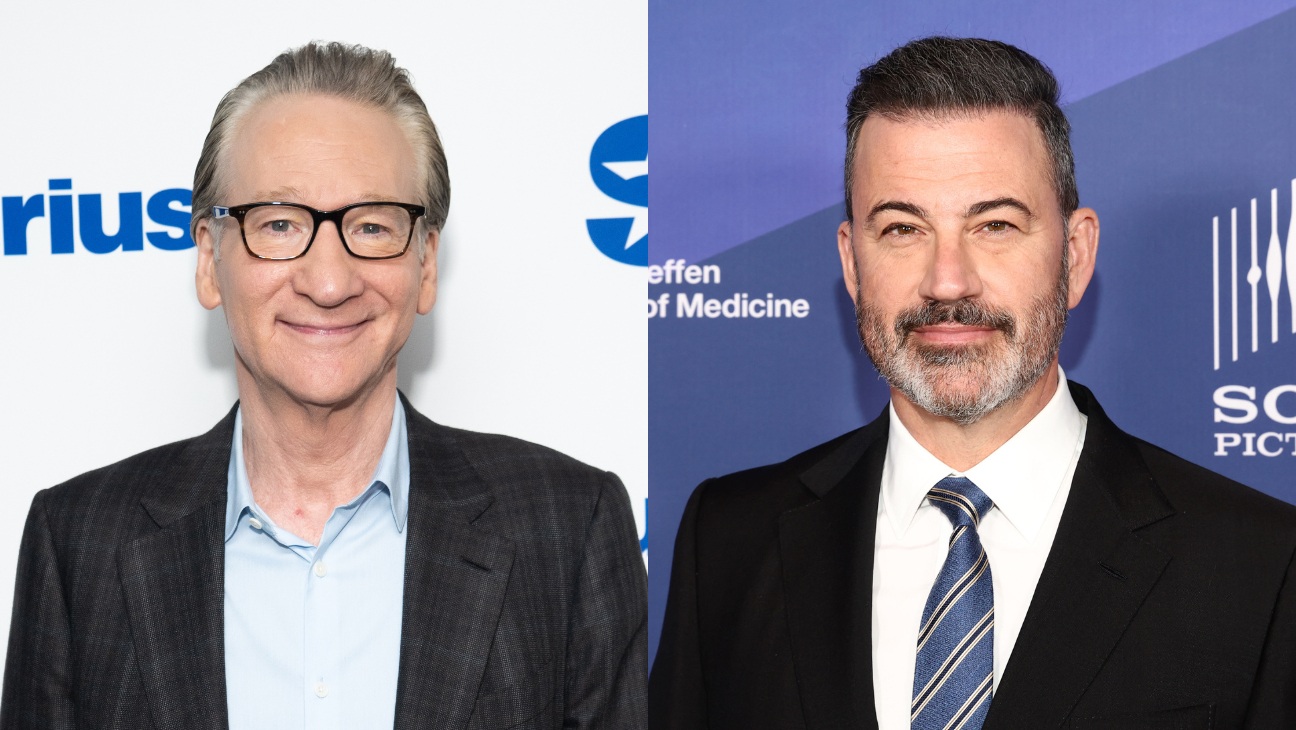 A split image of Bill Maher and Jimmy Kimmel