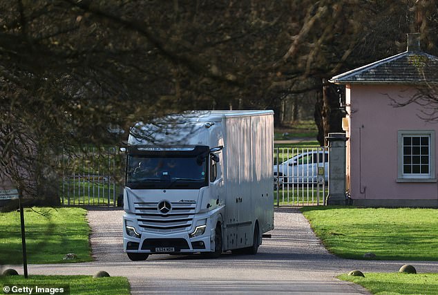 A storage van leaves the gates of Royal Lodge in Windsor Great Park, now the former home of Andrew Mountbatten-Windsor, on Wednesday