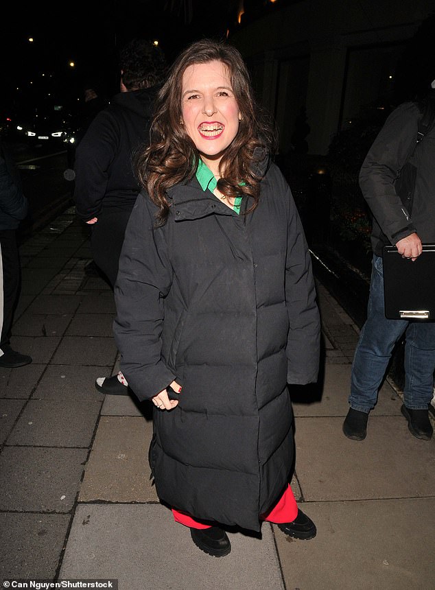 Meanwhile comedian Rosie Jones covered up her look for the night with a huge padded jacket
