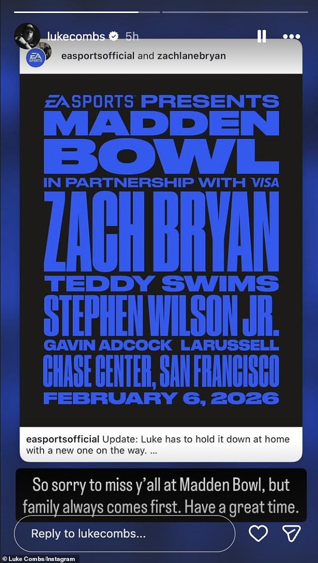 Combs was forced to cancel his February 6 performance at EA Sports Madden Bowl concert at San Francisco ahead of Super Bowl LX in order to focus on his child's impending birth: 'Family always comes first'