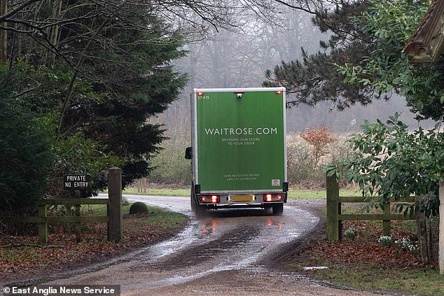 The Waitrose van can be seen making it way towards the five-bedroom farmhouse in the village of Wolferton, where it remained for around 15 minutes