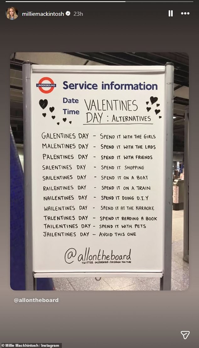 Millie Mackintosh shared a glimpse of 'Valentine's Alternatives' following her split from husband Hugo Taylor