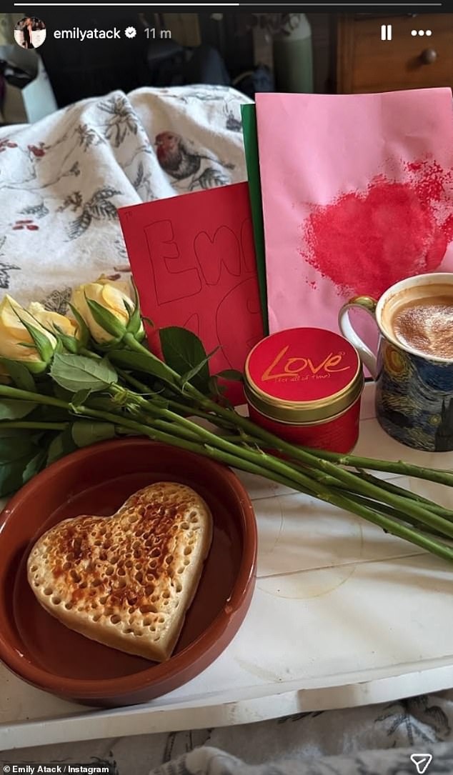Emily Atack was treated to breakfast in bed by fiancé Alistair Garner